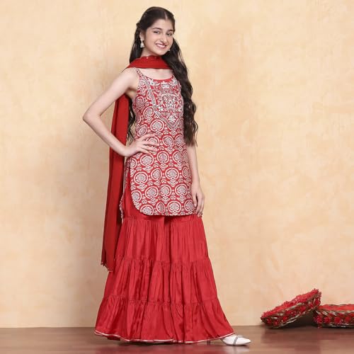 Biba Girl's Viscose Blend Kurta Set (KWSNKIS6318SS25RED_Red