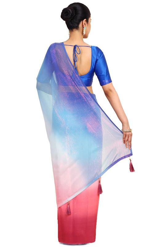 Soch Womens Blue Chiffon Ombre Print Saree With Tassels