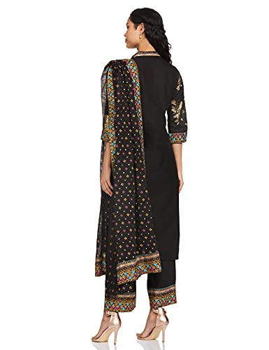 BIBA WOMEN PRINTED STRAIGHT SALWAR KURTA DUPATTA(SKDBANDHEJ 7509_BLACK_42)