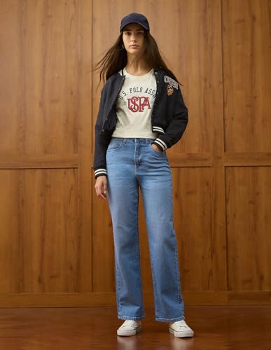 U.S. POLO ASSN. High Rise Straight Fit Jeans (UWAW25JEN381_Mid Blue_34)