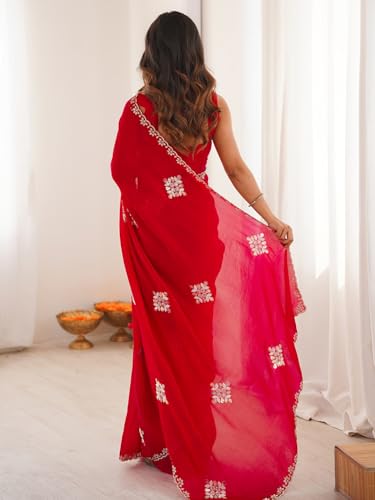 AKHILAM Women's Red Tissue Embellished Saree With Unstitched Blouse Piece (KRIYNS5407_KH)