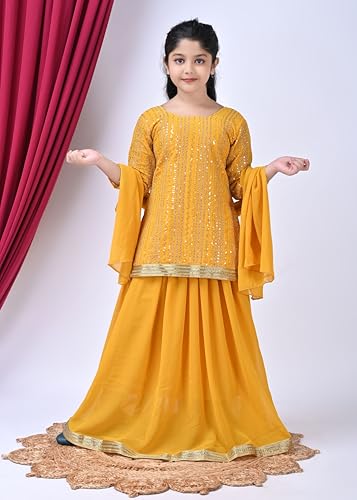 SPAMitude - Georgette Sequin Lehenga Kurta, Skirt and Dupatta Set for Girls – Ethnic Party Dress I Birthday Dress I Trendy Classic I Round Neck Full Sleeves (Yellow, 4 to 5 Years)