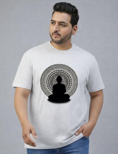 THE SOUTH STORE Men's Grey Melange Round Neck Half Sleeve Printed Plus Size T-Shirt | Budha Tshirt