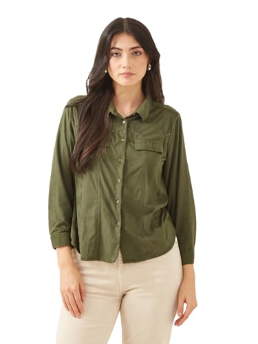 Latin Quarters Women Green Collared Full Sleeves Solid Casual Shirt_S