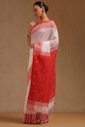 Soch Womens White Cotton Woven Design Saree