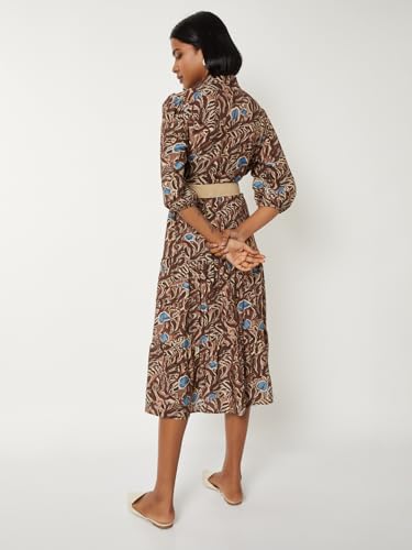 Max Women Printed Tiered Dress with Belt(Brown_M)