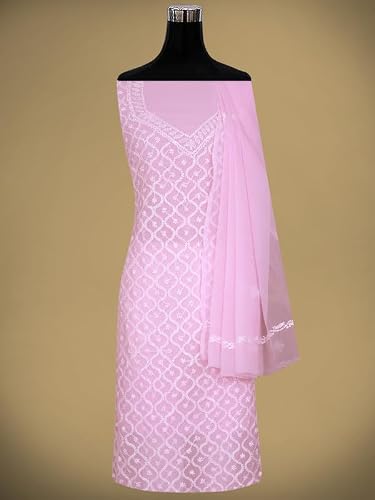 Ada Hand Embroidered Lucknowi Chikankari Unstitched Georgette Dress Material Suit Piece with Dupatta for Women 01A879377 Baby Pink