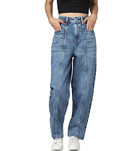ONLY Women Washed Cotton Blend Baggy Fit High Rise Blue Jeans