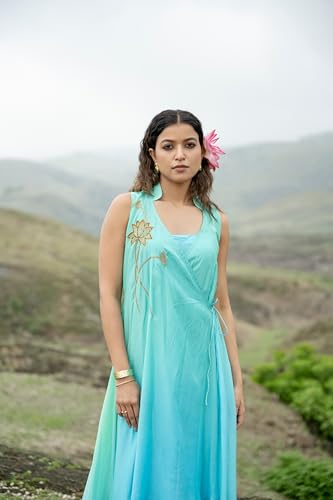 MIORAH Luxurious Pure Muslin Modal Wrap Dress featuring exquisite metal sequence with resham and zari hand embroidery (Colour - Rama Green, Size - M)