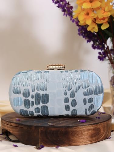 THE TAN CLAN Coral Long Clutch Bag for Women | Elongated Evening Bag | Blue Colour | Party & Wedding Clutch Purse