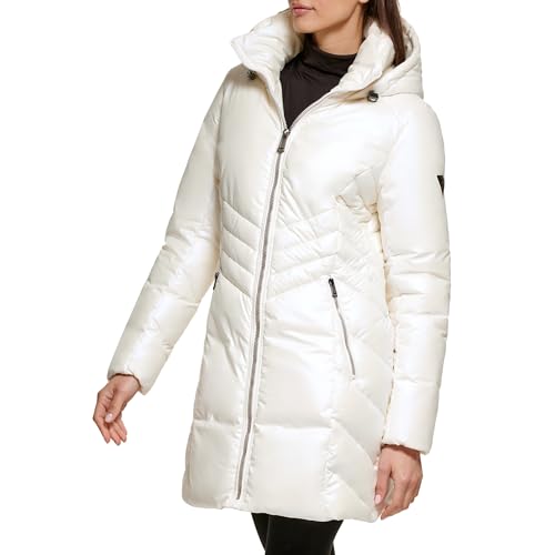 GUESS Women's Duvet Puffer Hooded Water Resistant Coat, White, XL
