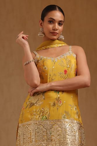 Soch Womens Yellow Chinon Botanical Print Suit Set With Sequins