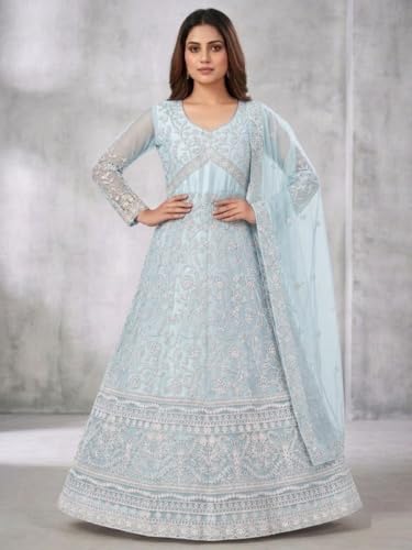 JULEE Women's Net Embroidered Semi-Stitched Gown Cross Gown Firozi-GEM