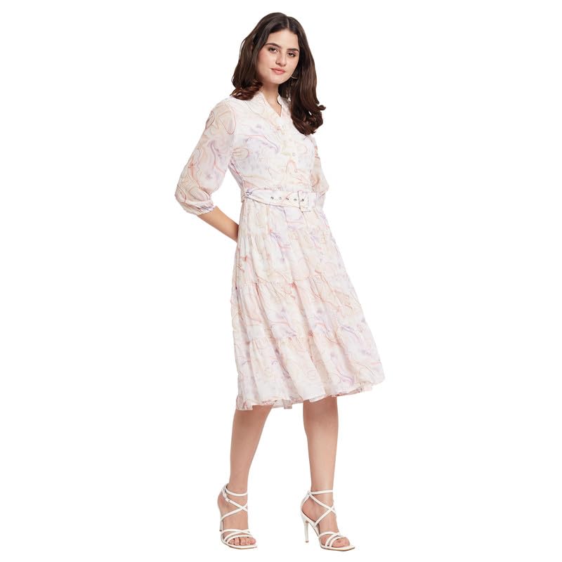 METTLE Printed Mandarin Collar Tiered Fit & Flare Dress Lilac