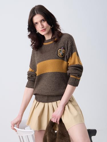 The Souled Store Harry Potter: The Kind Kin Women and Girls Full Sleeves Round Neck Brown Typography Printed Acrylic Oversized Fit Ribbed Texture Pullover Sweater