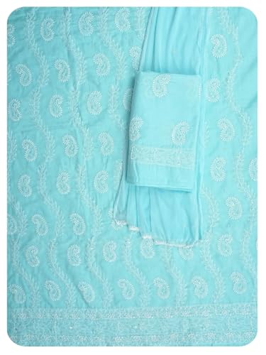 Ada Hand Embroidered Lucknowi Chikankari Unstitched Cotton Dress Material Suit Piece with Dupatta for Women with Cutdana Work 01A861439 Blue