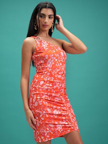 Tokyo Talkies Women Printed Knitted Oneshoulder Ruched Dress