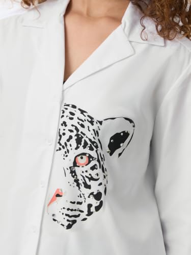 The Souled Store Tigress Women and Girls Full Length Spread Collar White Graphic Printed Cotton Blend Relaxed Fit Casual Office Wear Lightweight Everyday Shirt