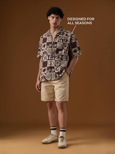 The Souled Store Nomad: Akshara Men and Boys Short Sleeve Cuban Collar Beige All Over Print Cotton Blend Casual Lightweight Easy to Style Trendy Oversized Shirt