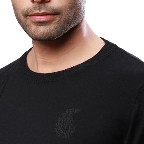 Raymond Men's Regular Fit Acrylic Wool Blend Full Sleeve Round Neck Structure Pattern Black Casual Sweater (Size: L)-RMWX01233-K8