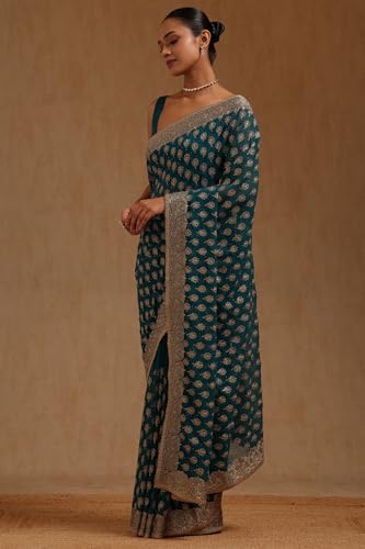 Soch Womens Teal Georgette Embroidered Saree With Stone Work