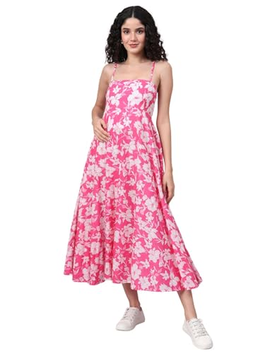 Divena Pink Floral Shoulder Straps Cotton Dress