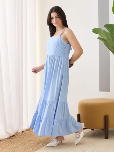 Latin Quarters Women Blue Solid Maxi Strappy Square Neck Casual Dress_M