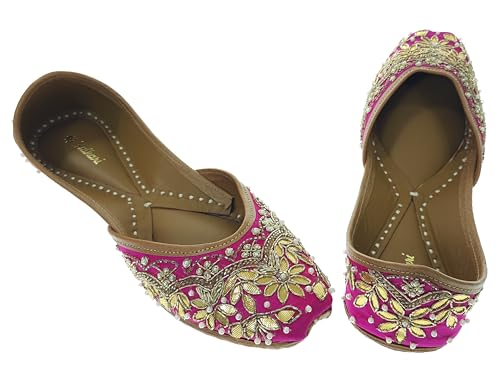 Fulkari Women's GottaPatti Magenta Gold Soft Leather Embroidered Jutis | Bite and Pinch Free Jutti | Punjabi Formal Juttis | Girl's Wedding Flat Ladies Mojari | Formal Ethnic Juti | 36