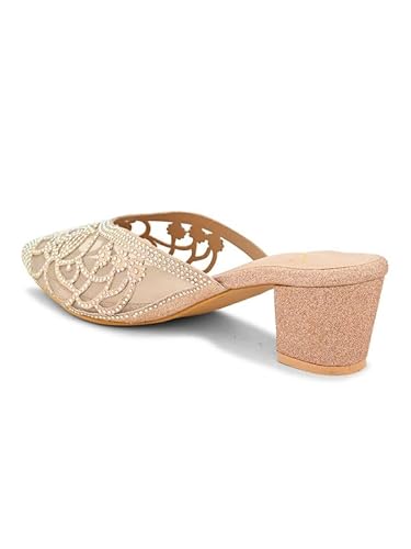 XE Looks Women's Gold Embellished Mesh Mules | Pointed Toe Block Heels with Rhinestone Detailing | Embellishments with Transparent Heel For Girls & Women