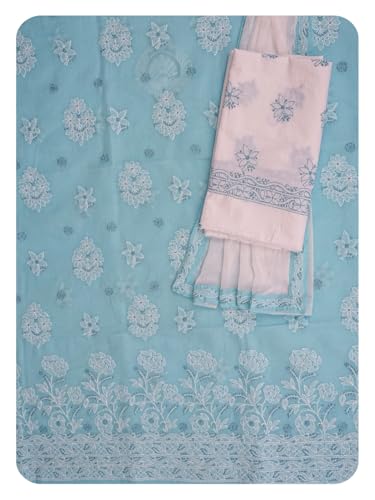 Ada Hand Embroidered Lucknowi Chikankari Unstitched Cotton Dress Material Suit Piece with Dupatta for Women 01A867722 Blue