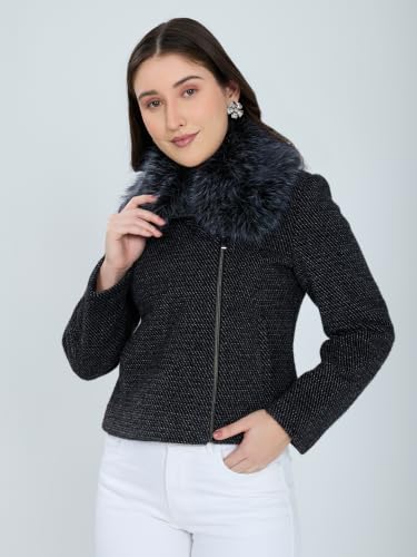 Monte Carlo Womens Regular Fit Full Sleeve Self Designed Collar Neck Winter Coat Black 3XL (Pack Of 1)
