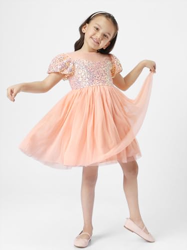 nauti nati Polyester Nautinati Girls' Round Neck Embellished Party Dress Knee-Length Casual NN321-524_Peach