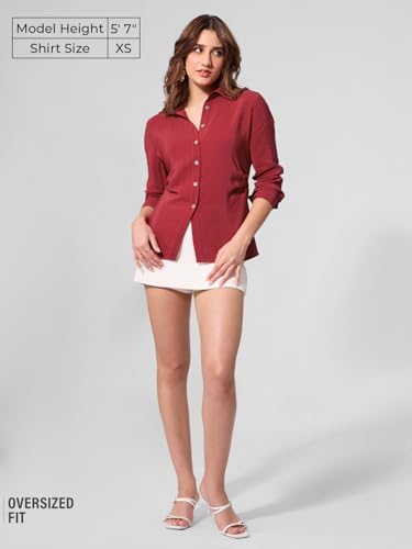 The Souled Store Side Rouching Shirt: Red Women and Girls Long Sleeves Collared Neck Button Front Slim Fit Viscose Shirts