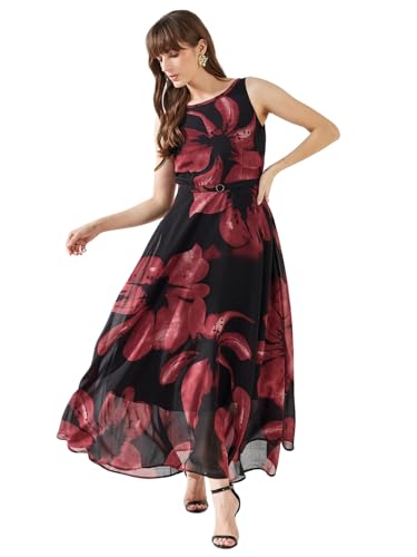 Latin Quarters Women's Wine Sleeveless Round Neck Printed Casual Maxi Dress_L