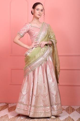 Wishful Women's Pink Embroidered Jacquard Blouse, Flared Lehenga and Dupatta Set (Size: XL)-SP12575-314276