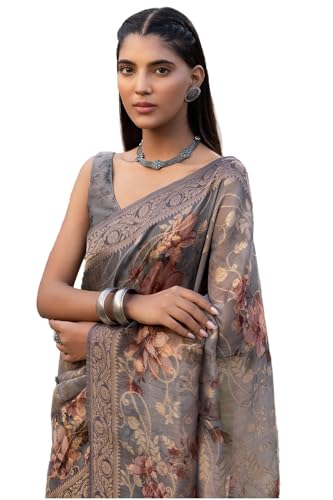 Soch Womens Grey Chanderi Floral Print Saree With Zari Woven