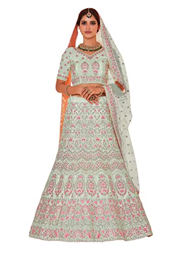 FUSIONIC Pista Green Color Crepe Fabric Thread And Stone Work Lehenga For Women