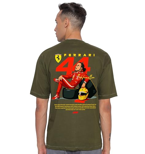 Starton Apparel Unisex Cotton Formula 1 Lewis Hamilton Norris Senna F1 Motorsport Graphic Print Oversized Fit T-Shirt (in, Alpha, S, Plus, Olive Lewis)