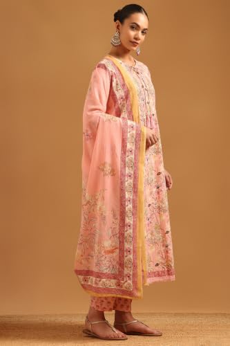 Soch Womens Pink Cotton Floral Printed Salwar Suit With Lace