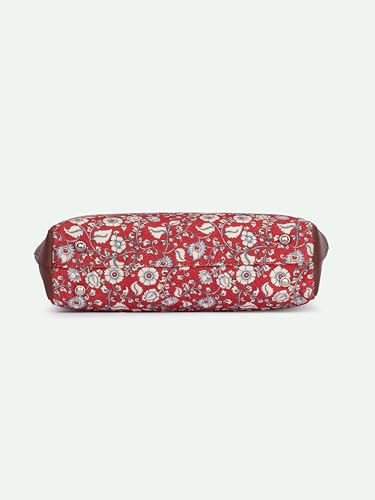 ZOUK Chittoor Red Kalamkari Floral Printed Women Jute Vegan Leather Red Side Tote Bag For Ladies With Double Handle