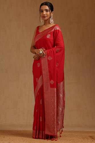Soch Womens Red Viscose Silk Ethnic Motifs Zari Woven Saree