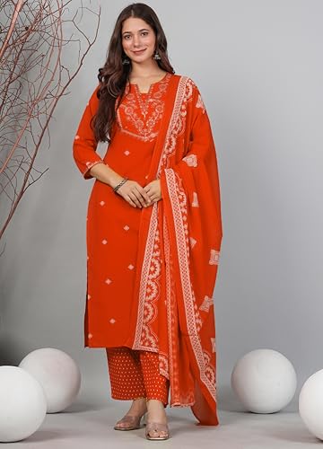 Amayra Women's Pure Cotton Embroidered Straight Kurta Set with Palazzo Pants & Dupatta- Ethnic Wear, Orange(TCK698,XXL)