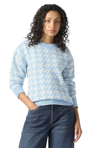 Women Light Blue Print Round Neck Sweater
