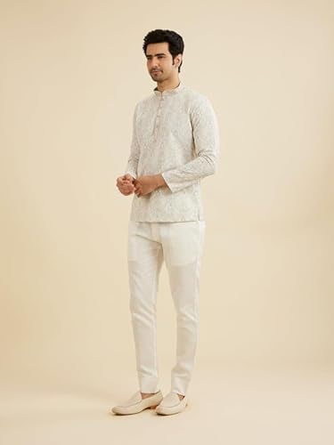 Manyavar Men's Cotton Blend Paisley Embroidery Short Kurta (Pista Green,L)