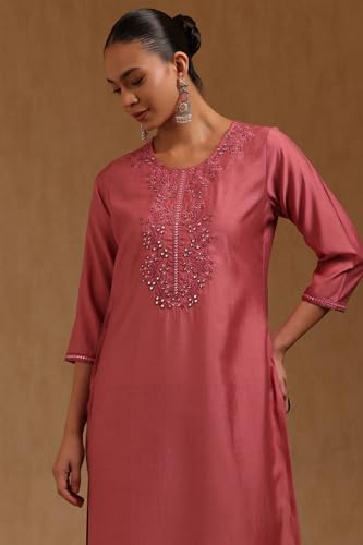 Soch Womens Onion Pink Muslin Floral Embroidered Kurta Set With Faux Mirror