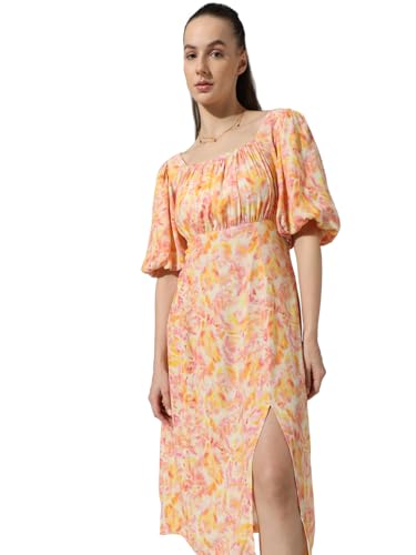 ONLY Women Printed Viscose Yellow Midi Dress