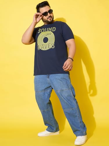 Bigbanana Men Plus Size Printed Navy Round Neck Tshirt (Frequency,Navy,7XL)