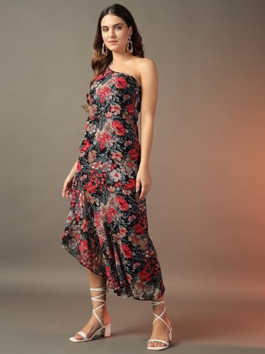 Trend Arrest.ed Women's Polyester Fit and Flare Midi Dress (D5378_Black 1_M)