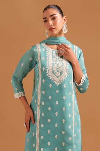 Soch Womens Turquoise Blue Chanderi Embroidered Botanical Chikankari Embroidery Salwar Suit