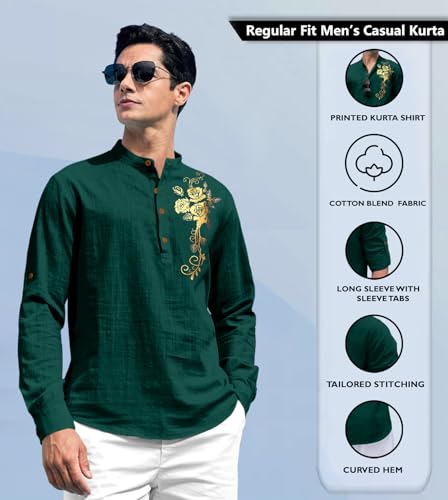 Zombom Men's Cotton Polyester Blend Mandarin Collar Self One Design Printed Full Sleeve Casual Short Kurta Shirt Green